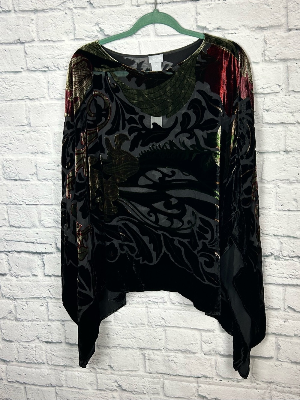 Chico’s Velvet Burnout Poncho Top S/M Silk Blend Black Floral Asymmetrical NWT